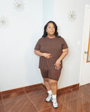 Plus size brown biker short set with relaxed top front view