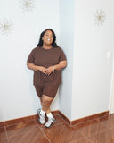 Plus size woman smiling in chocolate brown lounge short set