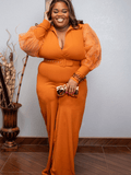 Long Rust Sheer Puff Arm Jumpsuit
