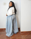 Back view of plus size lightweight stretch denim trousers with extra wide tall girl friendly legs