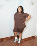 Side view of plus size biker short set showing stretch and fit