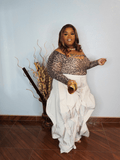 Oversized flowy statement pants for plus size women with elastic waistband styled with leopard top