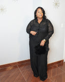 Plus size black lace two-piece outfit front pose with wide-leg pants and long sleeve lace top