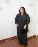 Plus size lace pant set angled view showing relaxed fit and detailed lace texture