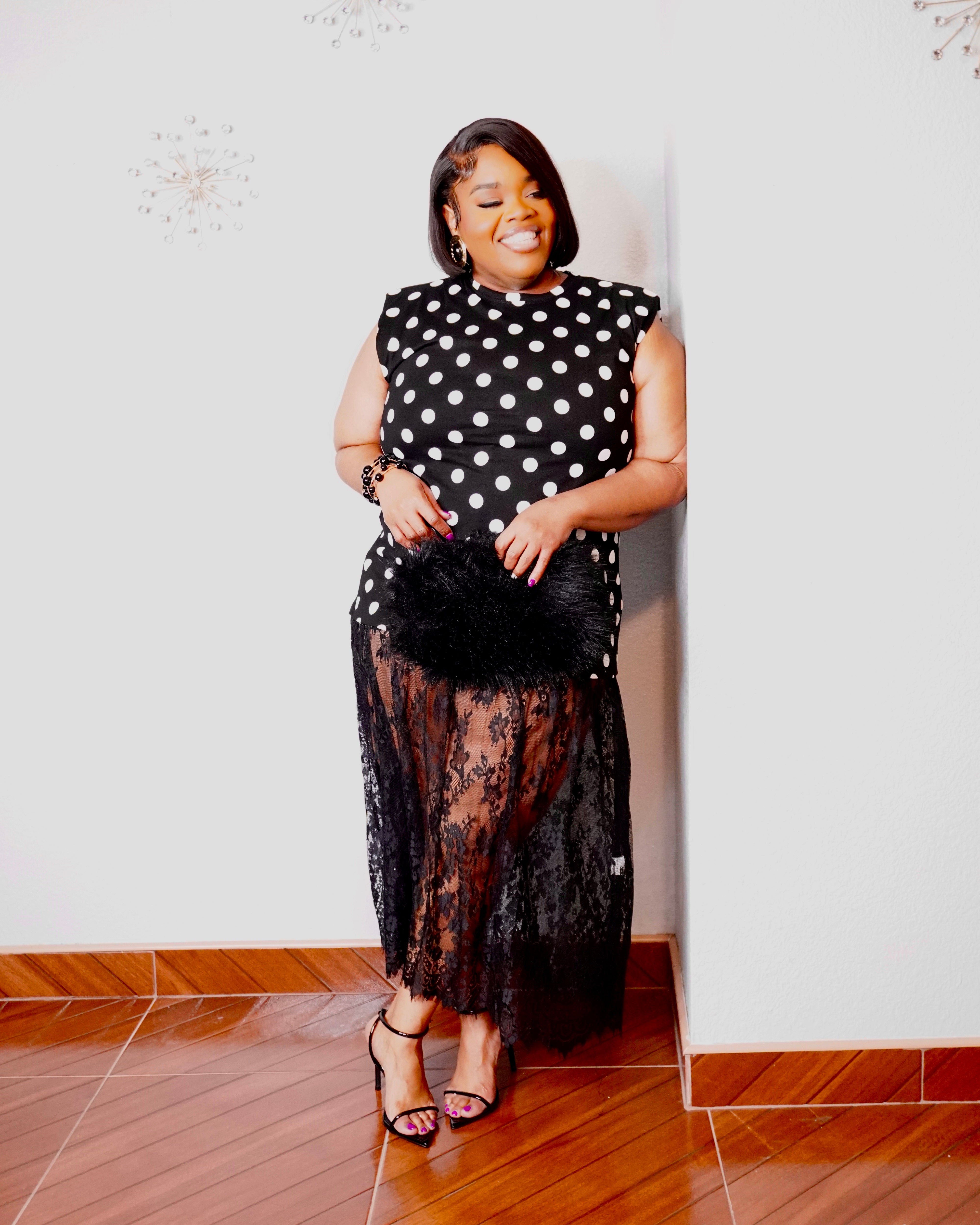 Plus size black and white polka dot lace dress with sheer floral lace skirt