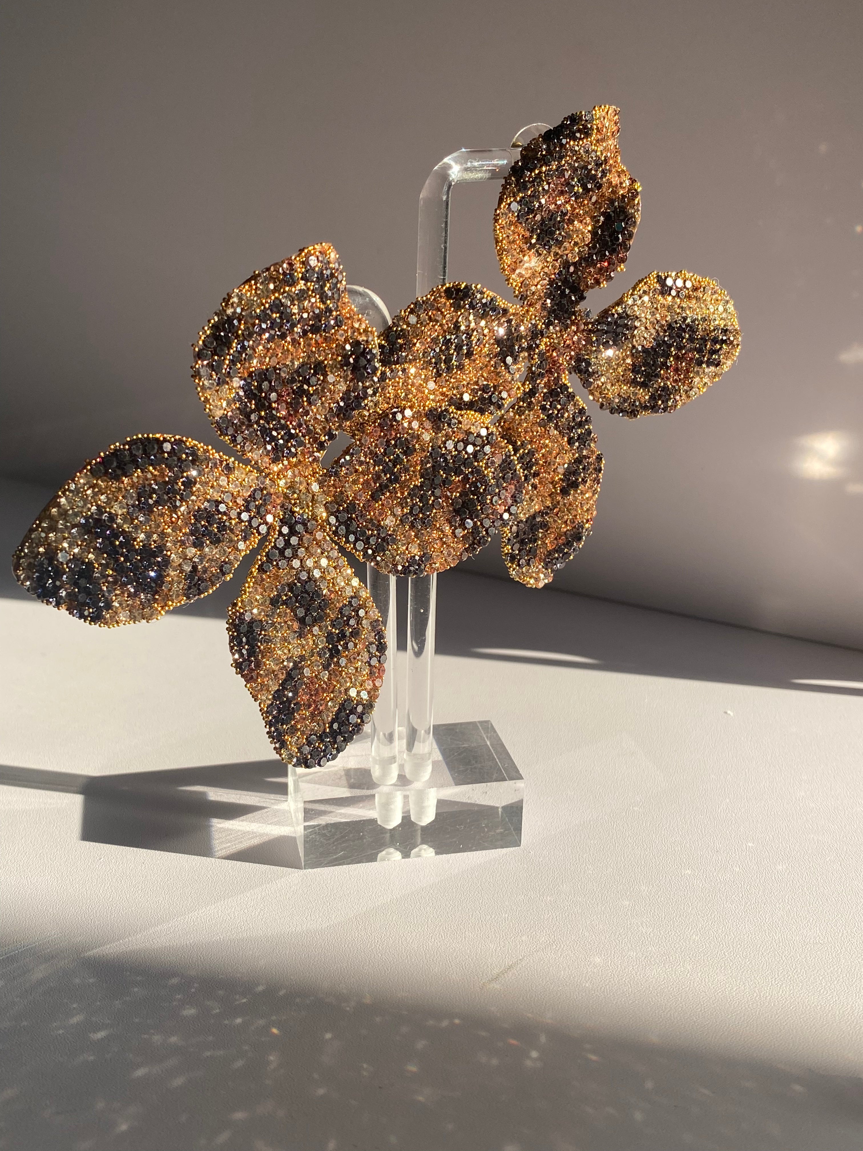 Oversized leopard crystal flower statement earrings with black brown champagne and gold rhinestones