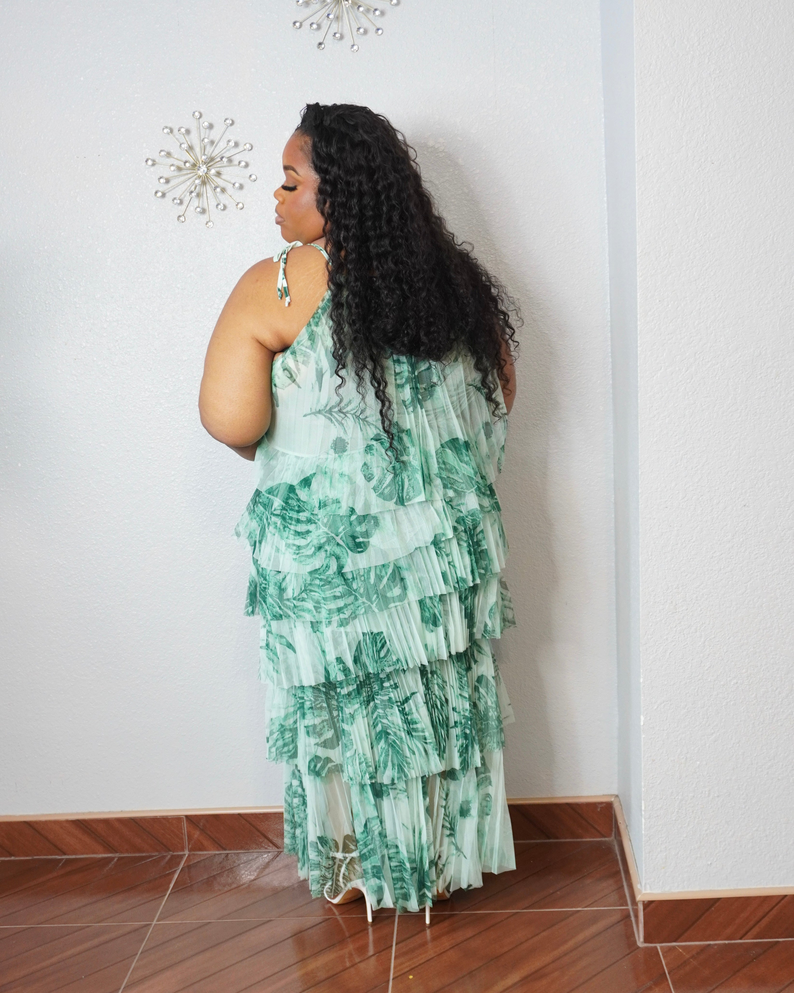 Side view of flowy ruffle maxi dress for plus size women