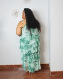 Side view of flowy ruffle maxi dress for plus size women