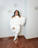 Curvy woman wearing elegant white floral blouse