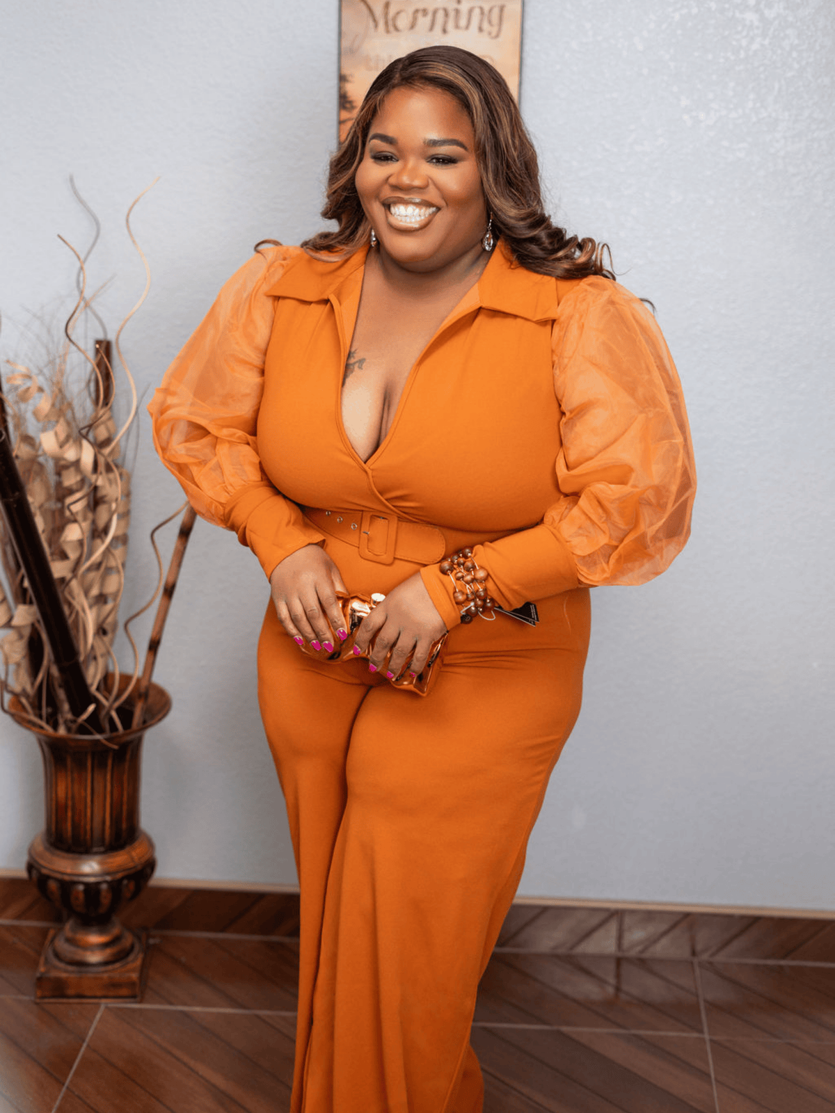 Long Rust Sheer Puff Arm Jumpsuit