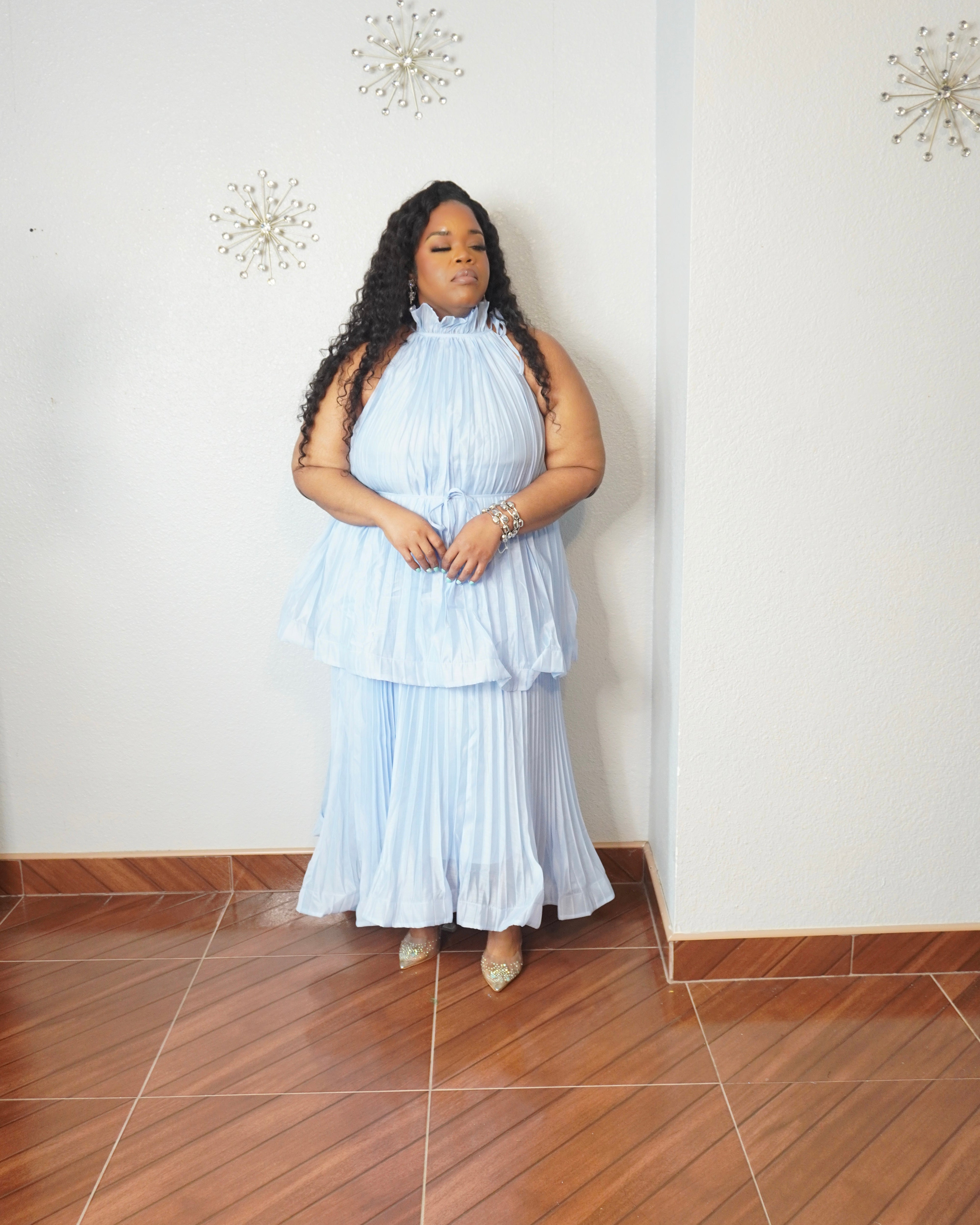 Pleated high neck maxi dress for curves