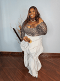 Oversized flowy statement pants for plus size women with elastic waistband styled with leopard top