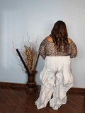Oversized flowy statement pants for plus size women with elastic waistband styled with leopard top