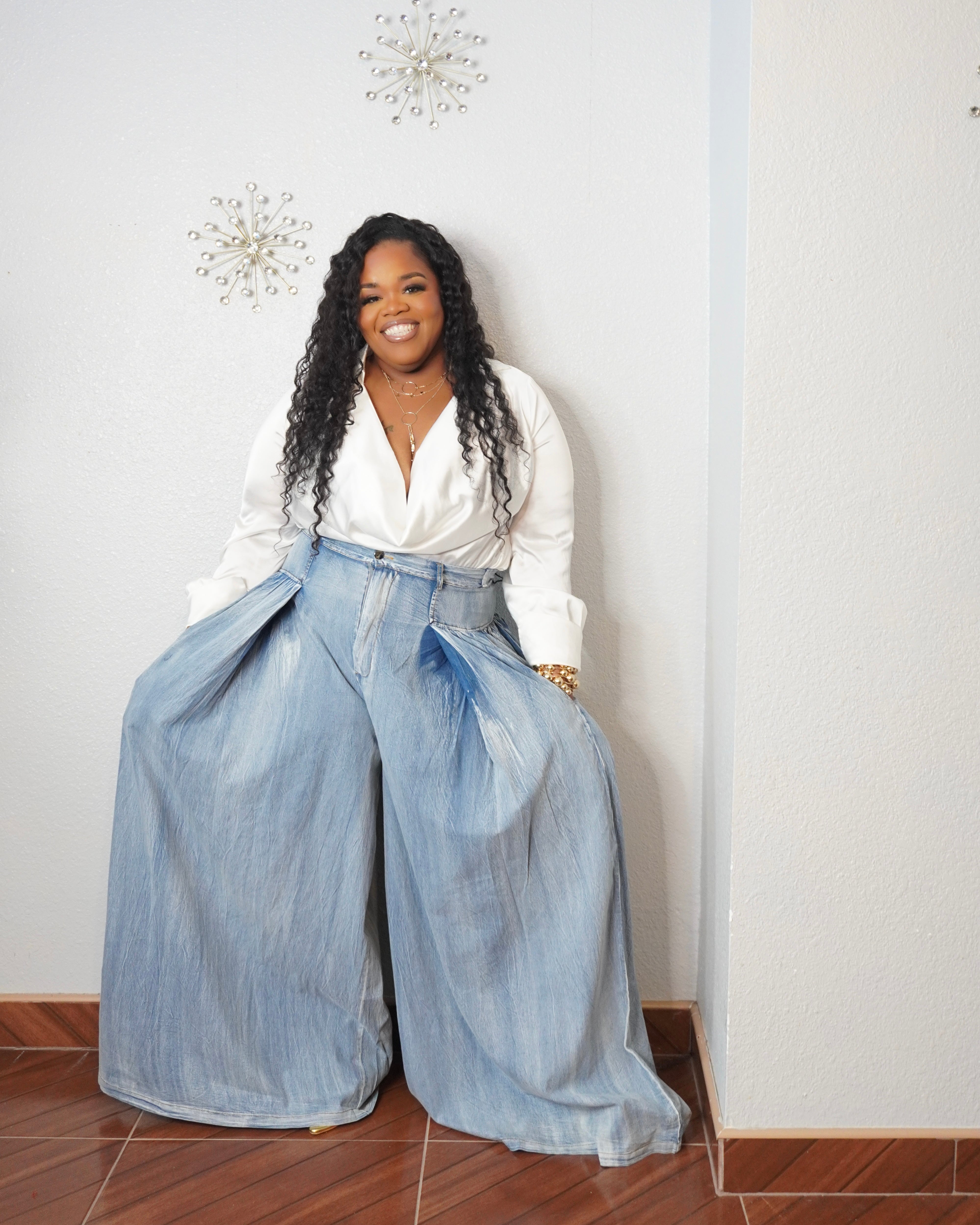 Plus size lightweight wide leg denim trousers with floor sweeping tall girl friendly length