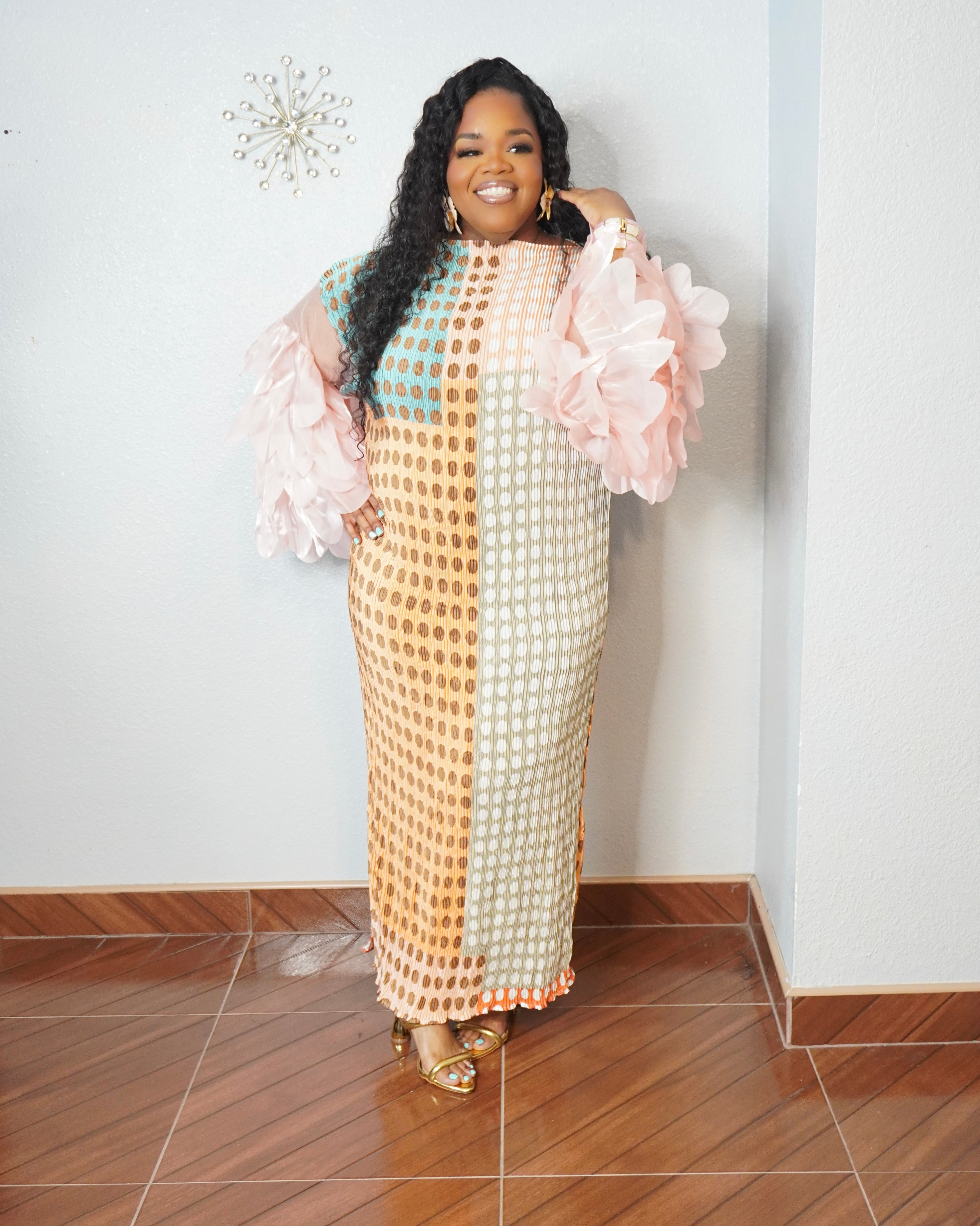 Pink layered sleeve maxi dress for plus size women
