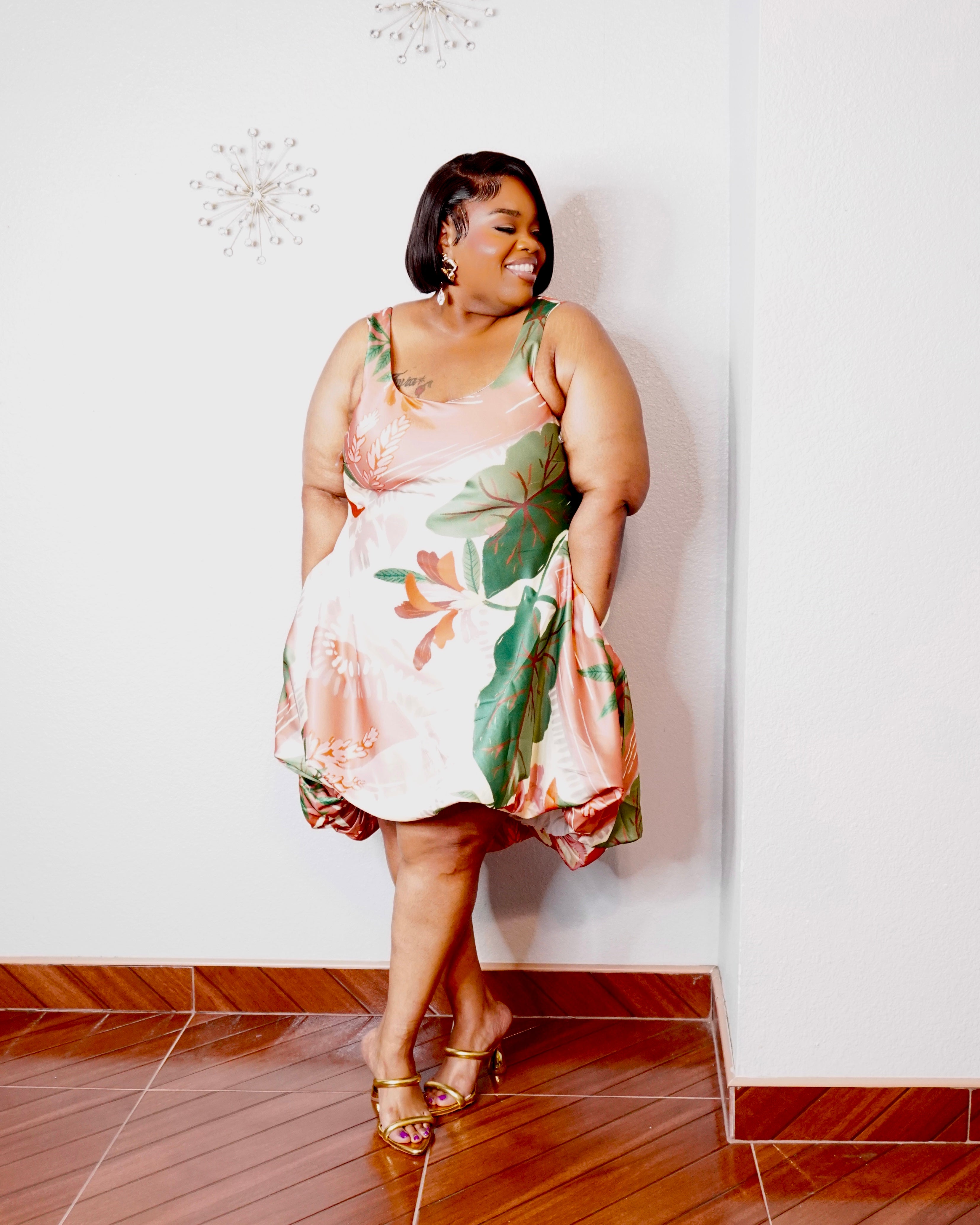 Peach green and ivory tropical print plus size dress