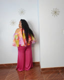 Back view of plus size pink organza top with elegant flowing sleeves
