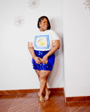 Plus size woman wearing royal blue sequin mini skirt
