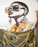 Lysaire plus size embellished graphic T-shirt styled with high waist camo pants and gold accessories