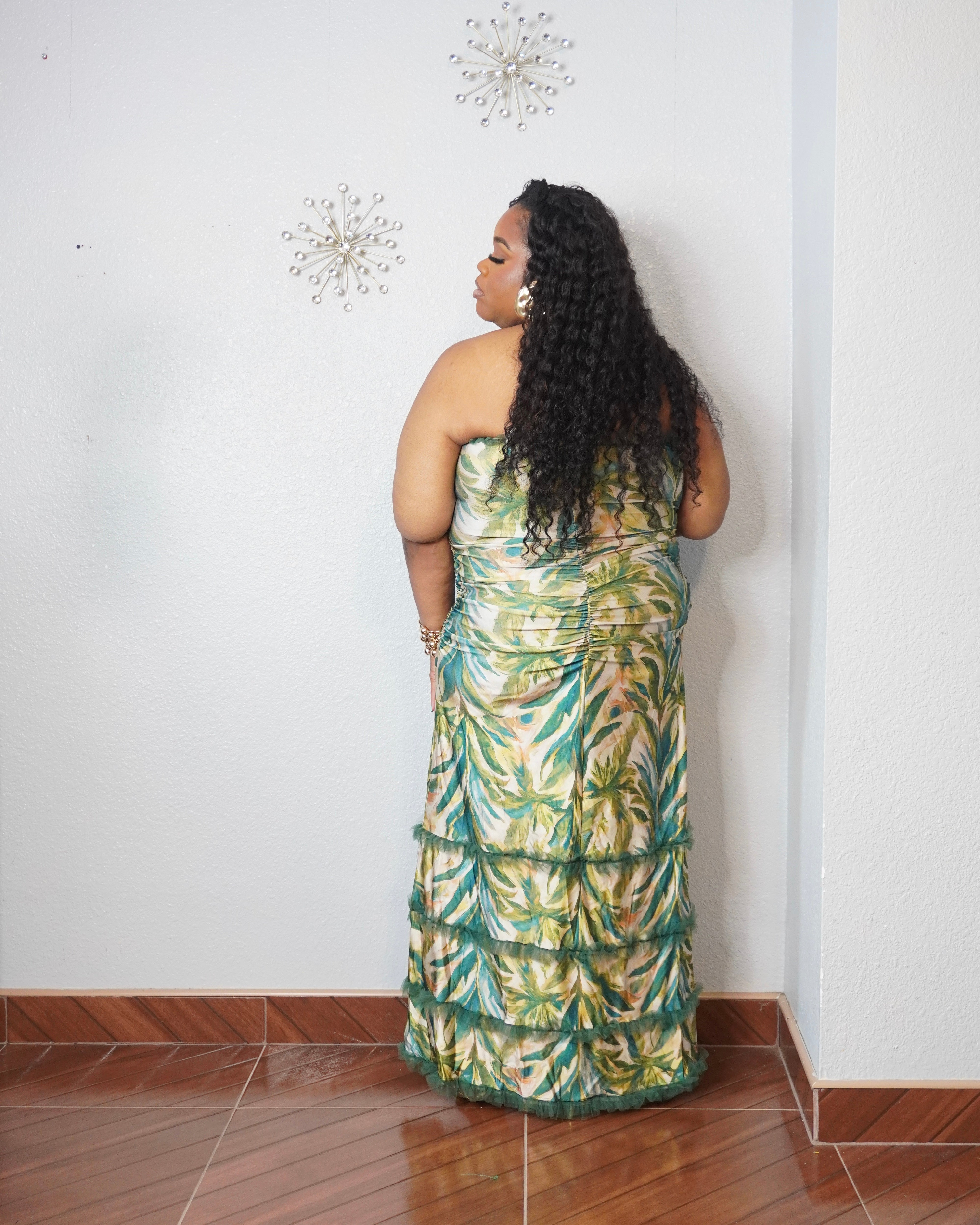 Curve hugging tropical maxi dress with fringe detail