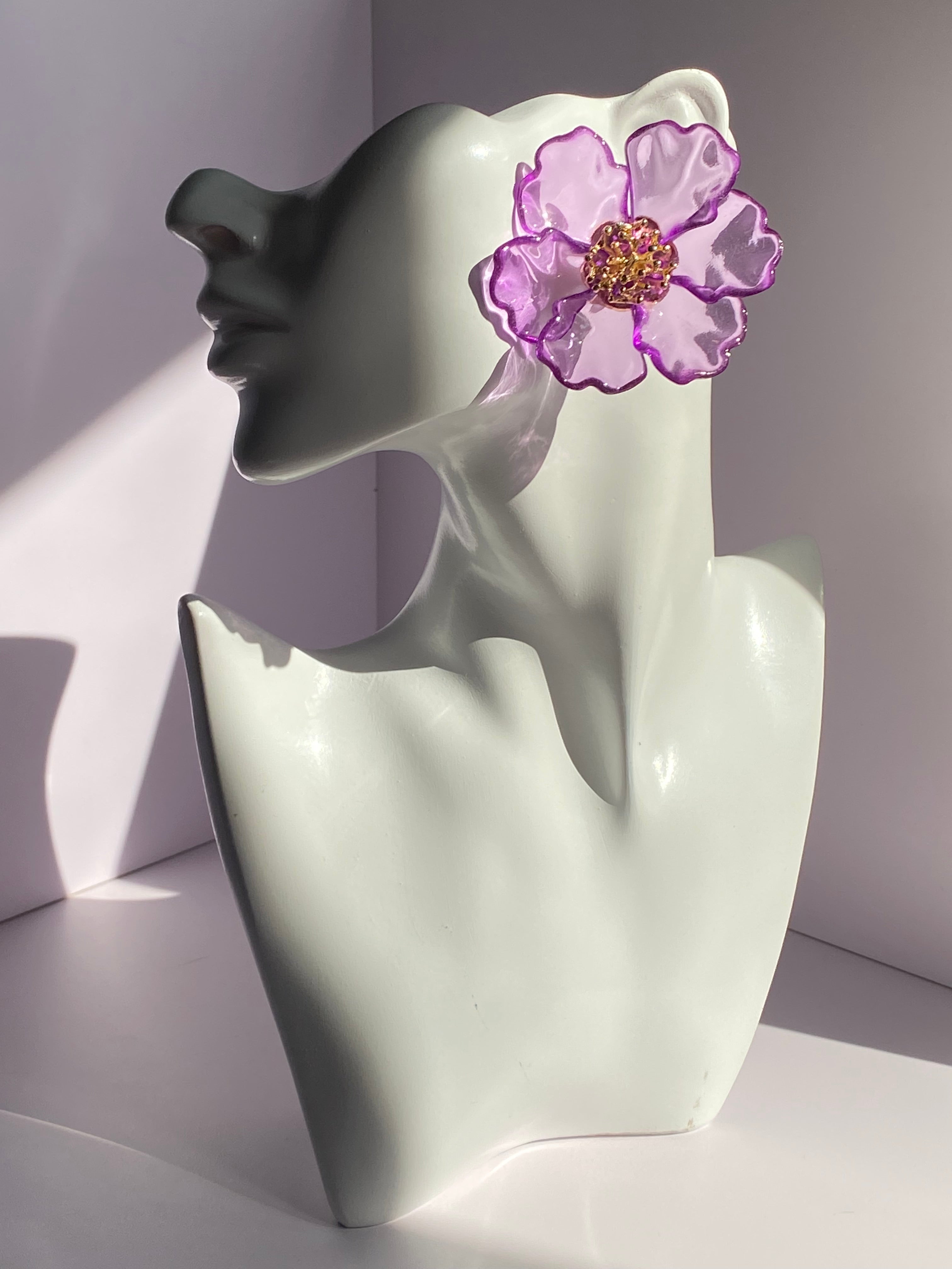 Oversized lavender flower statement earring with translucent purple petals and intricate gold-tone center