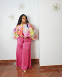 Pink satin pants outfit showing full length relaxed fit design for women’s fashion