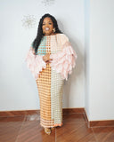 Curvy model wearing stretch abstract print maxi dress